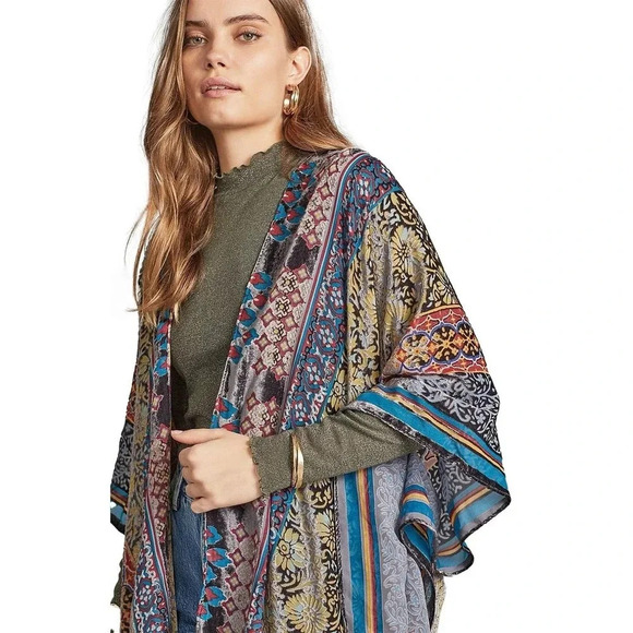NWOT $200 SAACHI Mix Print Velvet Burnout Ruana Kimono - Boho Bohemian Top - Picture 3 of 9